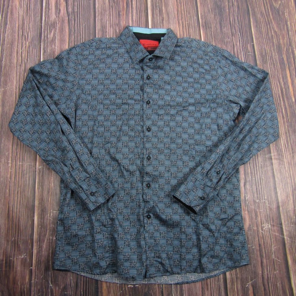 Montero Button Down Shirt Mens XL Blue Geometric Checkered Long Sleeve Cotton